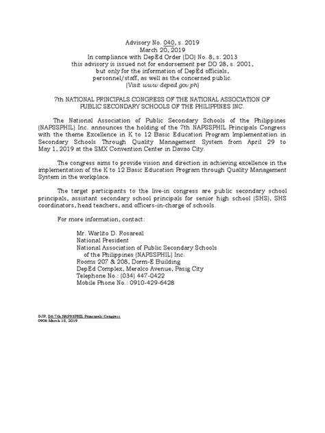 napsphil 2024|March 20, 2019 DA 040, s. 2019 – 7th NAPSSPHIL Principals Congress .